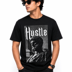 AKSYNE Men's Hustle Graphic Printed Oversized T-Shirt | 100% Cotton | Half Sleeve Round Neck Casual Streetwear Tee | Black