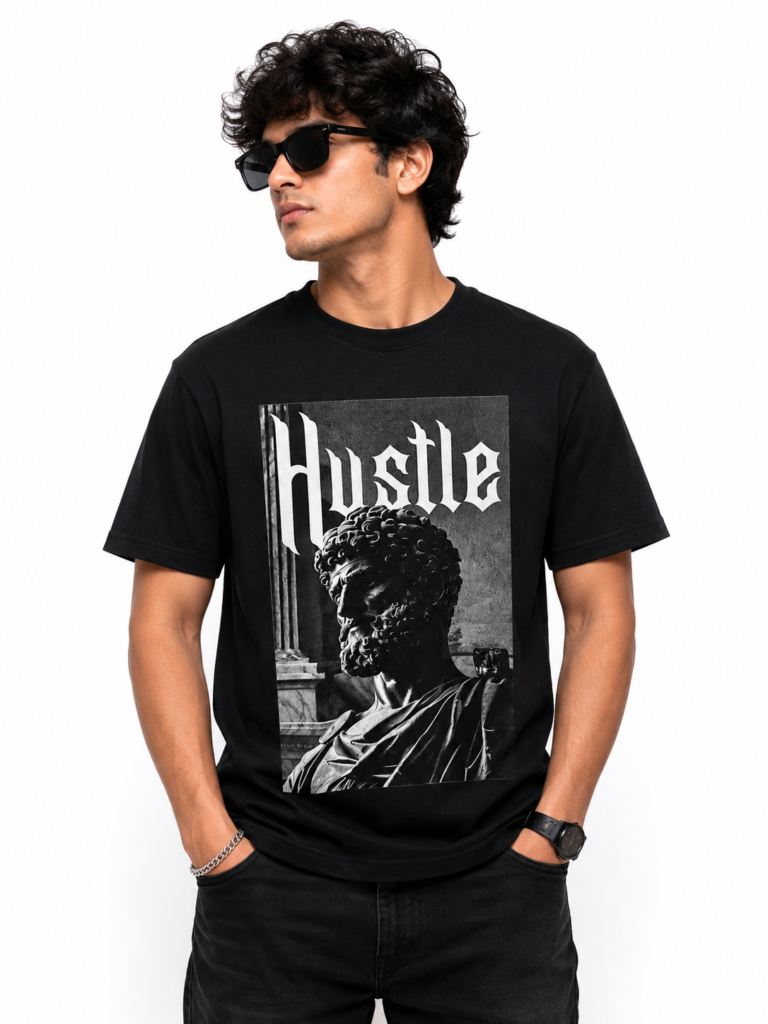 AKSYNE Men's Hustle Graphic Printed Oversized T-Shirt | 100% Cotton | Half Sleeve Round Neck Casual Streetwear Tee | Black